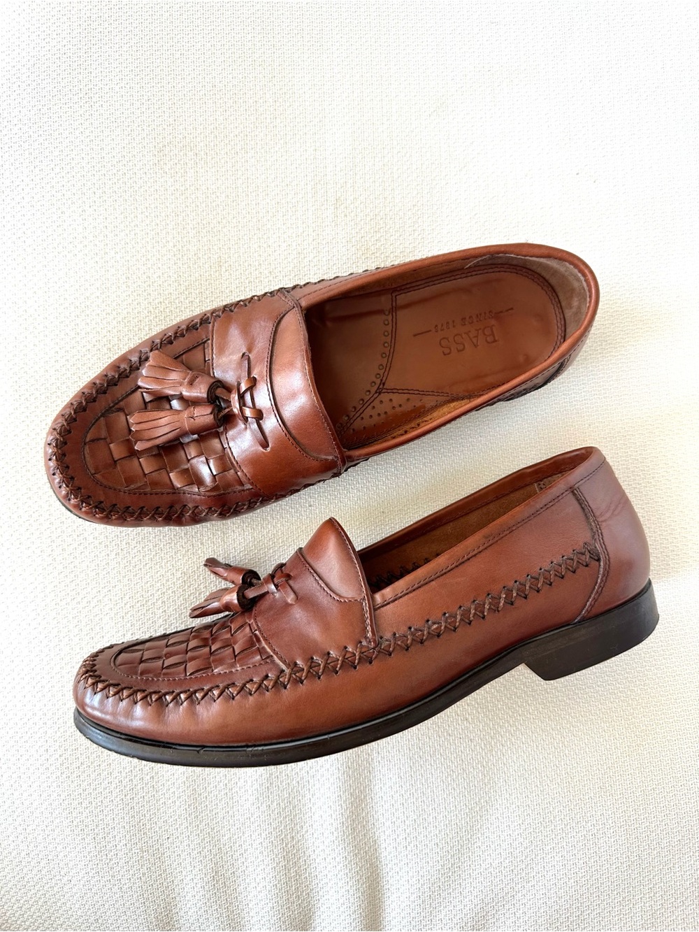 GH Bass Weejuns Mens Size 8 Loafers Brown Leather Woven Tassel Bellagio Moc Toe